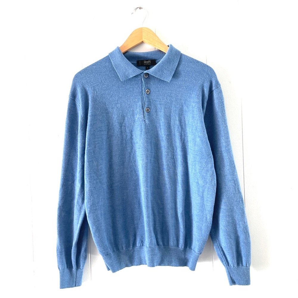 Raffi Polo Sweater Blue Long Sleeve Pullover Knitted Men’s Sz M Wool Blend